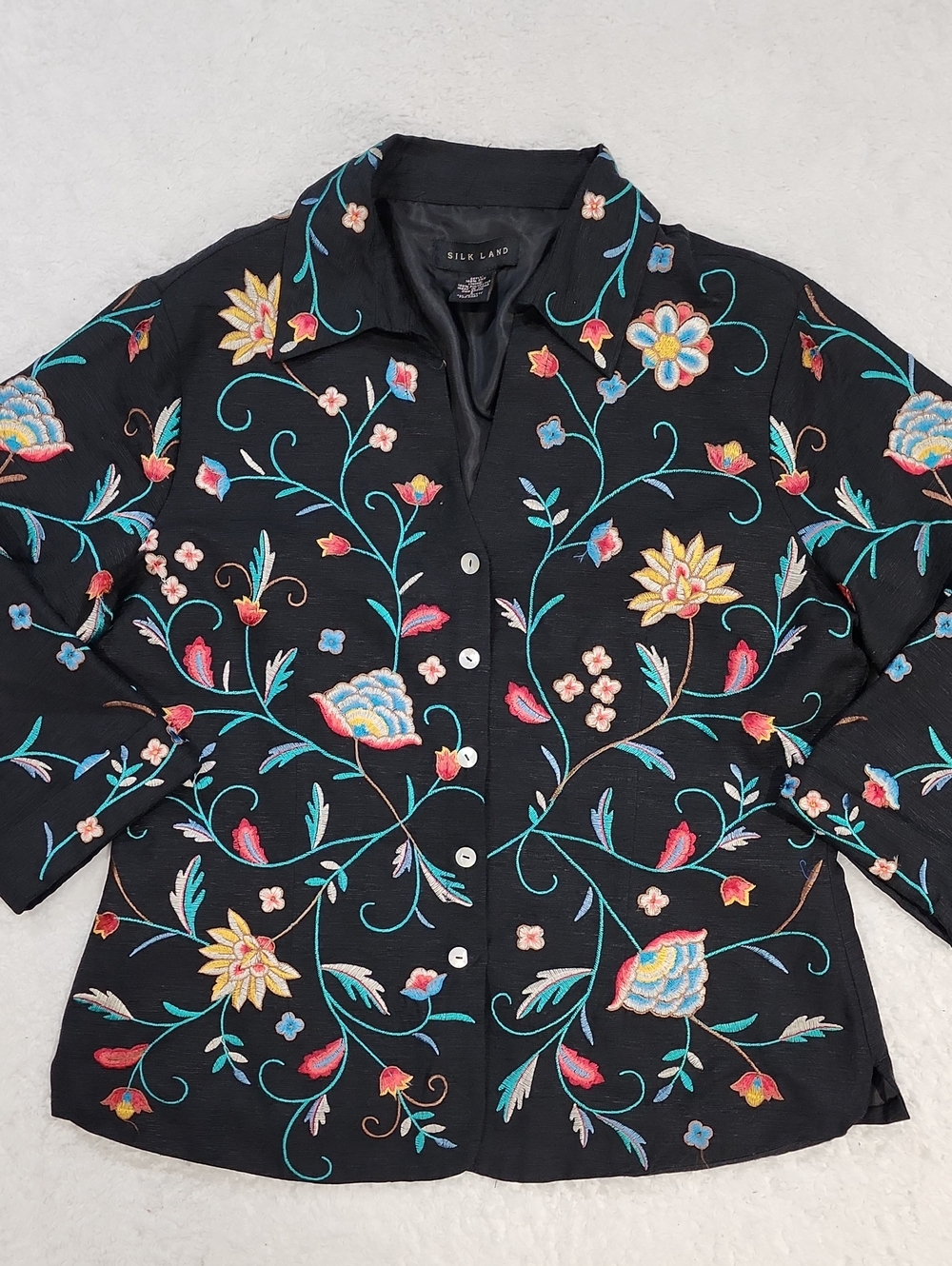 SilkLand Embroidered Floral Button Down Shirt 3/4 Sleeve